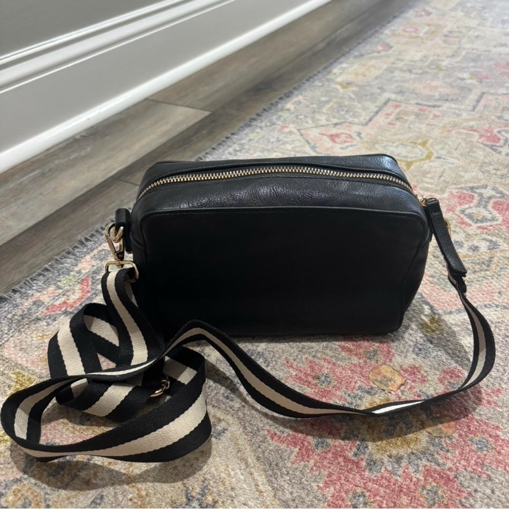 Black Crossbody Bag with Striped Strap